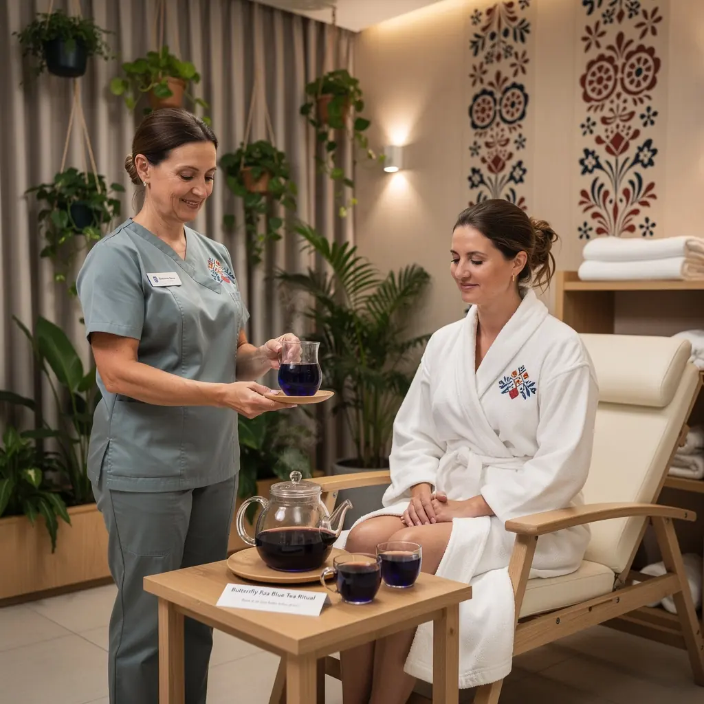 Kék pillangó borsó tea tálalva egy elegáns csészében, gőzölögve.