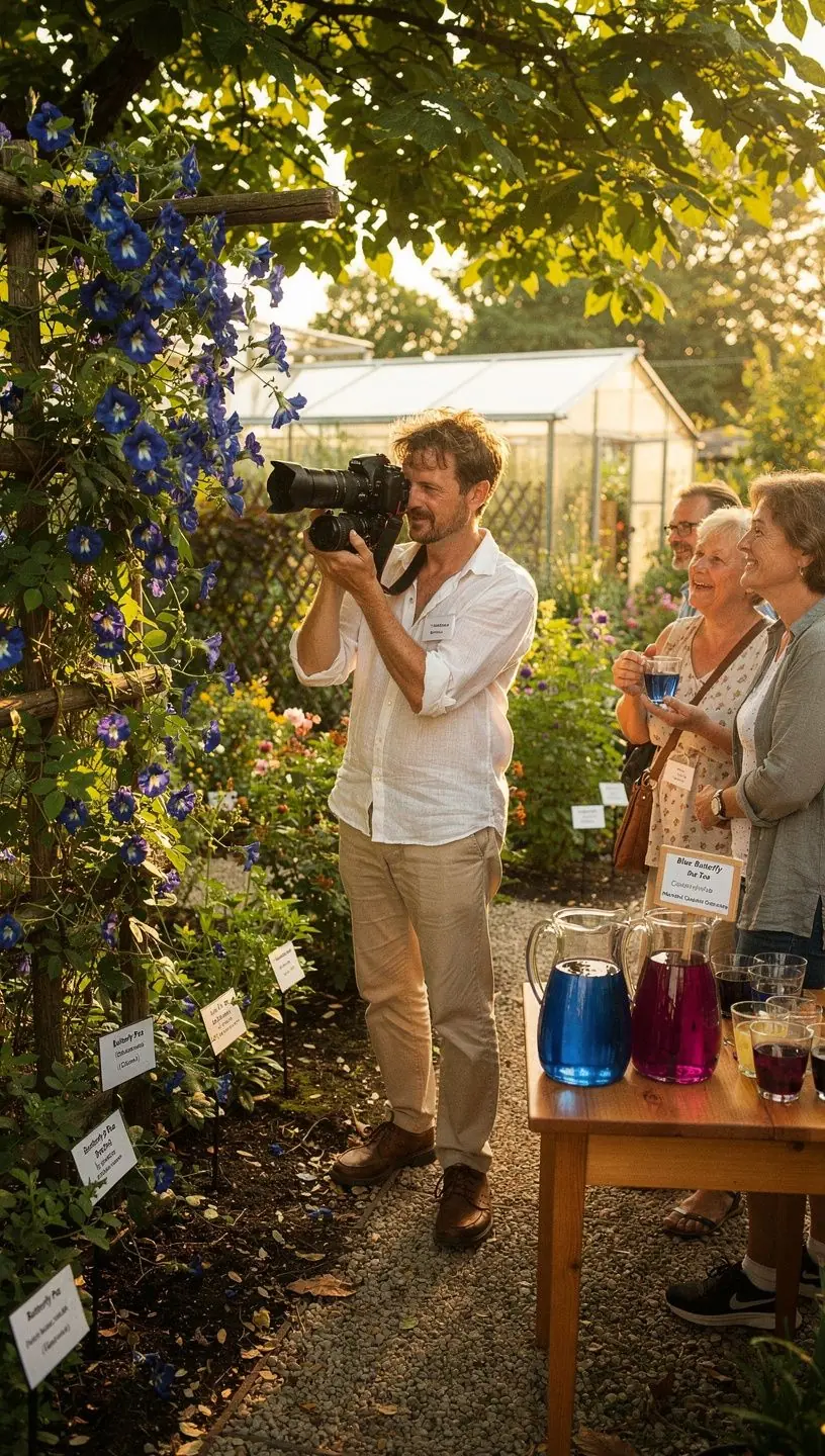 Egy csésze kék teát mutat, amelyben a víz színe élénk kék.