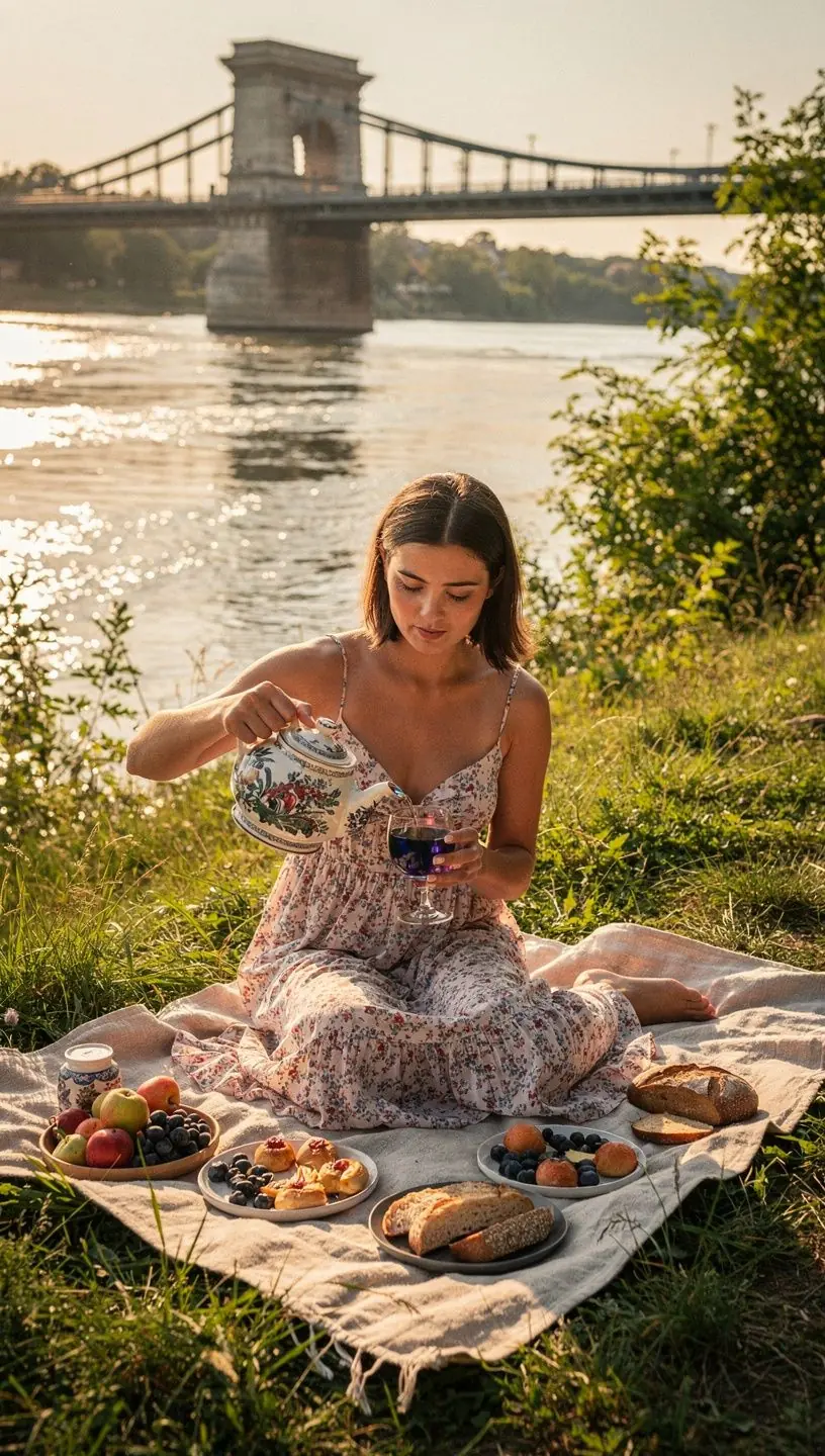 Friss gyümölcsökkel díszített tea, amely a színátmenetet hangsúlyozza.